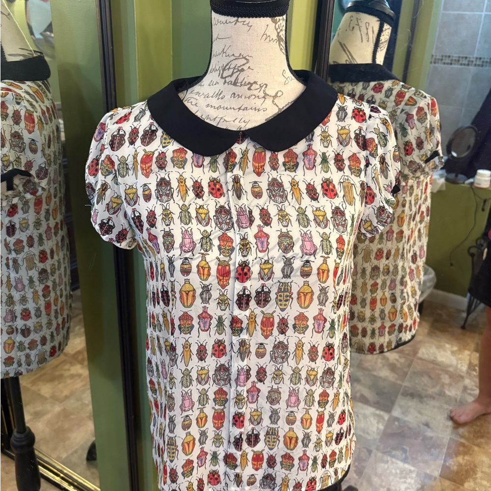 Zara Multicolor Insect Print Blouse with Black Collar